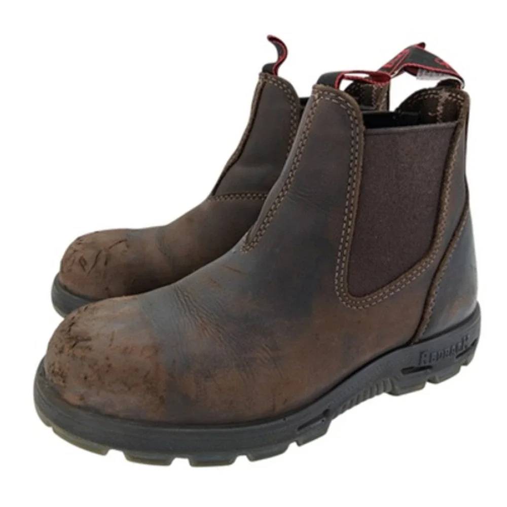 Redback Boots Mens AU 7.5 US 8.5 Brown Leather Chelsea Work Ankle Steel Toe